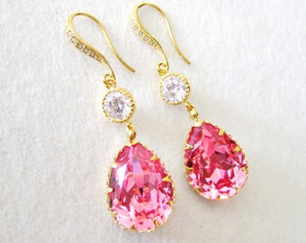 Pink Tourmaline Crystal Earrings Bridal Teardrop Earrings October Birthstone Christmas Earrings Valentine's Day Gift (E314)