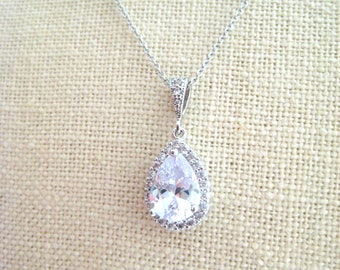 Bridal Cubic Zirconia Necklace Classic Wedding CZ Teardrop Pendant Diamond Look Pear Shaped Crystal Necklace Bridesmaid Gift (E400)