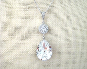 Bridal Crystal Necklace, Austrian Crystal Teardrop Pendant, Bridesmaid Gift, Birthday Gift (E063)