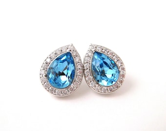 Aquamarine Crystal Stud Earrings Wedding Light Blue Earrings Bridesmaid Gift March Birthstone (E303)