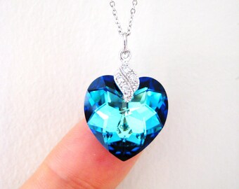 Bermuda Blue Heart Shaped Crystal Necklace Bridal Wedding Fancy Stone Pendant Bridesmaid Gift Valentine's Day Gift, Something Blue (E001)