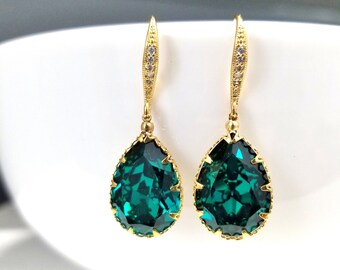 Emerald Earrings Green Crystal Teardrop Earrings Gold CZ Deco Hook Earrings May Birthstone Bridesmaid Gift (E135)