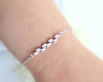 Cubic Zirconia Leaf Bracelet, Bridal Crystal Bracelet, Bridesmaid Bracelet, Birthday Gift (B010)