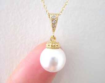 Pearl Necklace 10mm Round Pearl Wedding Single Pearl Pendant Bridesmaid Gift Birthday Gift (E003)