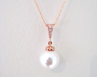 Bridal Pearl Necklace 10mm Austrain Crystal Pearl Pendant Birthday Gift Bridesmaid Gift Rose Gold Necklace (E003)