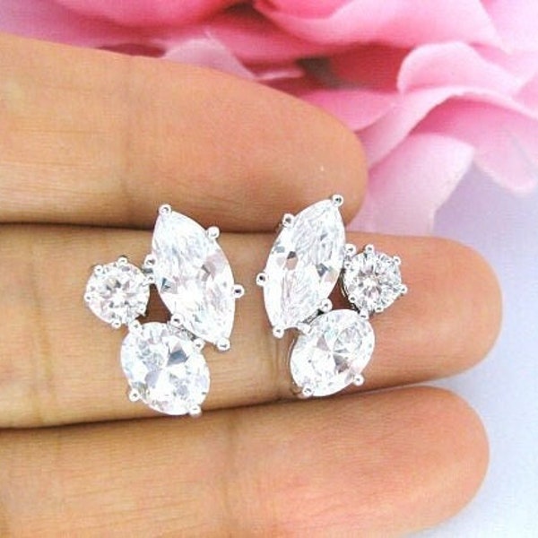 Bridal Crystal Stud Earrings Wedding CZ Marquise Multi-Stone Earrings Sterling Silver Post Bridesmaid Gift (E018)