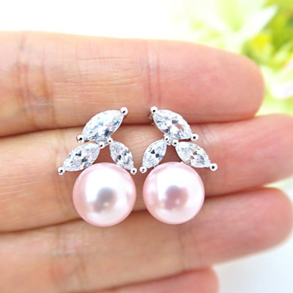 Light Pink Pearl Stud Earrings Floral Cubic Zirconia Wedding Earrings 10mm Rosaline Pearl Bridesmaid Gift (E200)