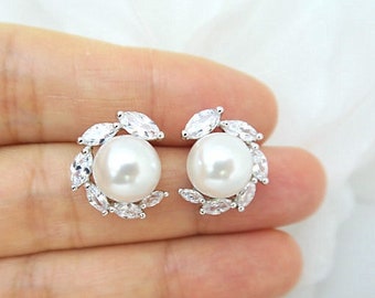 Bridal Pearl Stud Earrings Floral Cubic Zirconia Wedding Earrings Bridesmaid Gift Prom Earrings (E305)