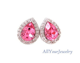 Rose Pink Crystal Stud Earrings Pear Shaped Light Pink Wedding Earrings Bridesmaids Gift October Birthstone (E303)