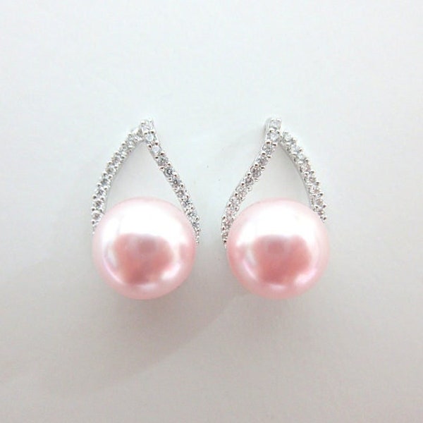 Light Pink Pearl Earrings Cubic Zirconia Stud Earrings 10mm Austrian Crystal Pearl Wedding Pearl Earrings Bridesmaid Gift (E105)