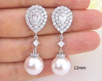 Bridal Pearl Earrings Pear Shaped Cubic Zirconia Post 12mm Round Pearl Bridesmaid Gift Prom Earrings (E217)