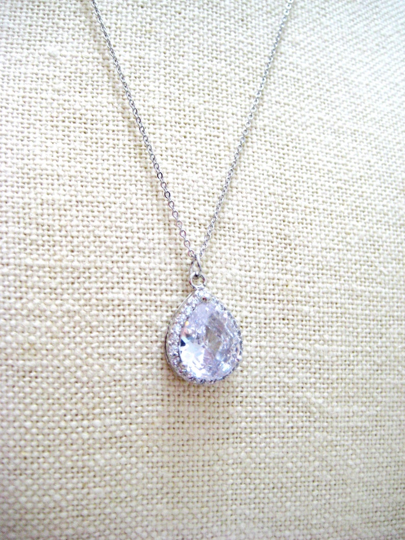 Bridal Crystal Necklace Gold Lux Large Clear Cubic Zirconia Teardrop Necklace Wedding Pendant Jewelry Sparky Necklace Bridesmaid Gift N010