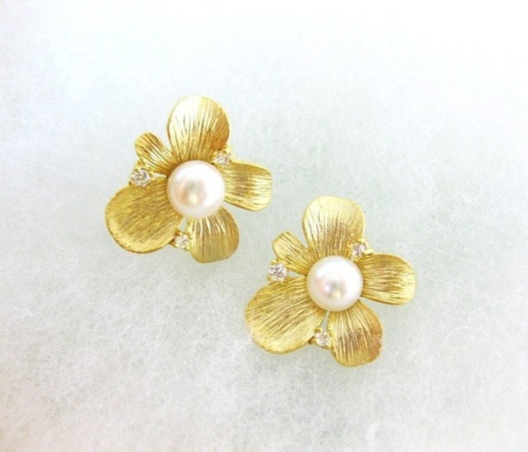 Golden Orchid Stud Earrings Flower Earrings Freshwater Pearl Etsy