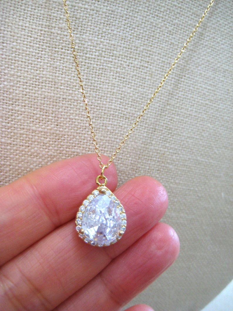 Bridal Crystal Necklace Gold Lux Large Clear Cubic Zirconia Teardrop Necklace Wedding Pendant Jewelry Sparky Necklace Bridesmaid Gift N010