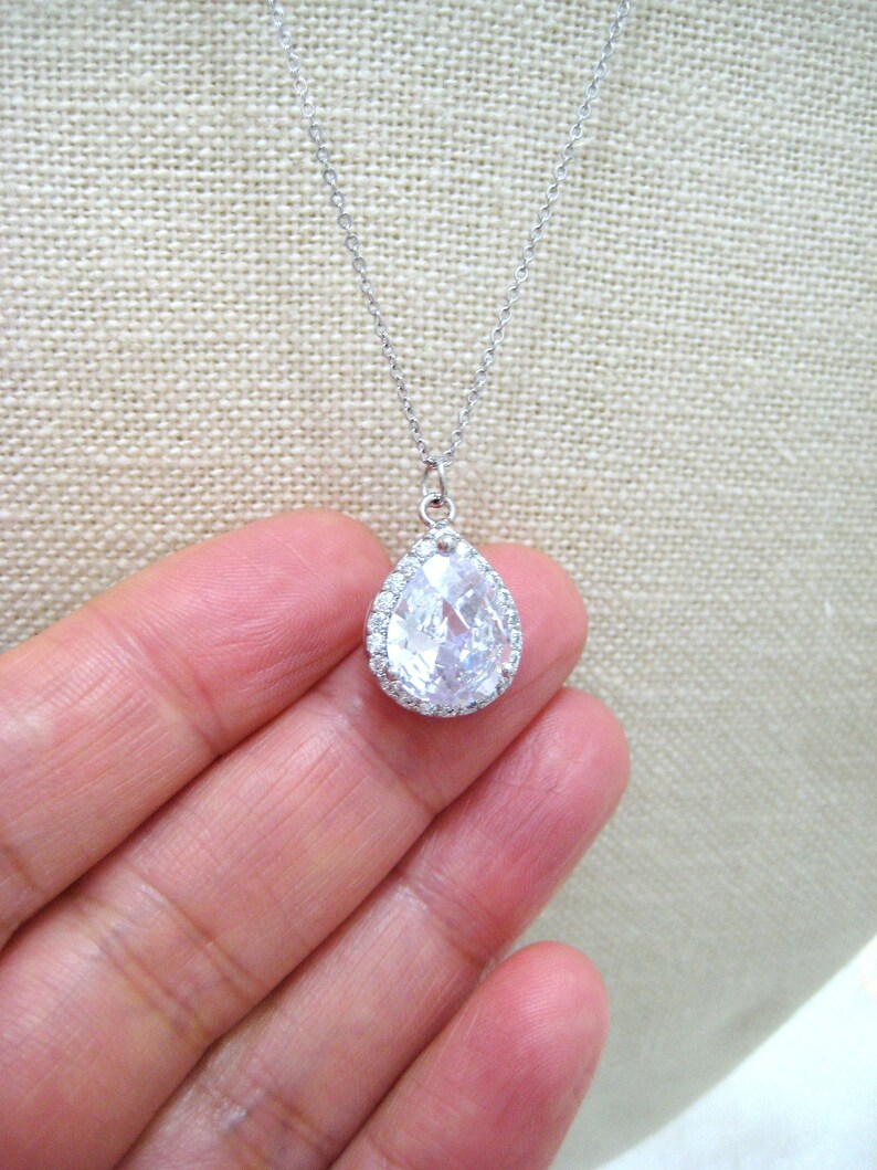 Bridal Crystal Necklace Gold Lux Large Clear Cubic Zirconia Teardrop Necklace Wedding Pendant Jewelry Sparky Necklace Bridesmaid Gift N010