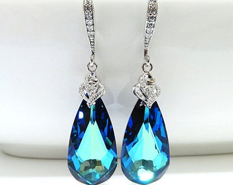 Bermuda Blue Crystal Earrings Bridal Teardrop Earrings CZ Deco White Gold Hook Earrings Bridesmaid Gift Birthday Gift (E001)