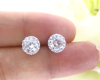 Crystal Stud Earrings 8mm Cubic Zirconia with 925 Sterling Silver Post Minimalist Earrings Bridesmaid Gift (E093)