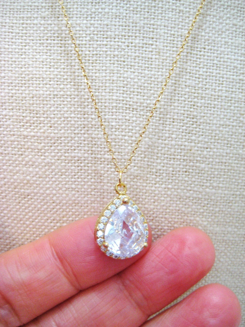 Bridal Crystal Necklace Gold Lux Large Clear Cubic Zirconia Teardrop Necklace Wedding Pendant Jewelry Sparky Necklace Bridesmaid Gift N010