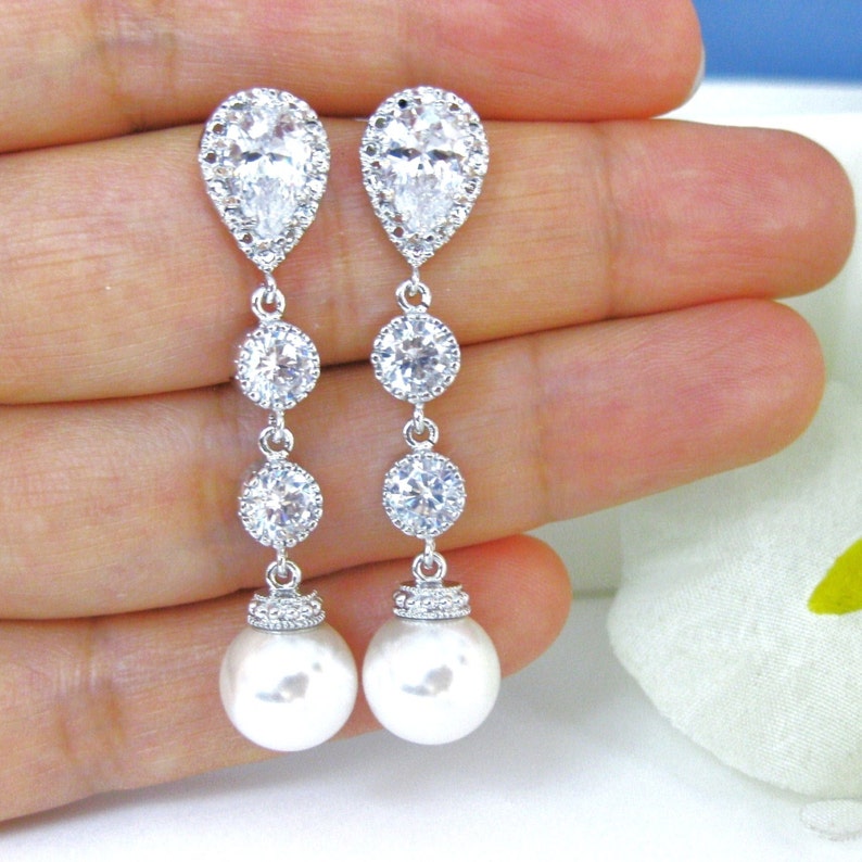 Bridal/Wedding PEARL & SILVER Diamanté/Crystal/Cubic Zirconia Drop Earrings Bridal/Wedding PEARL & SILVER Diamanté/Crystal/Cubic Zirconia Drop Earrings