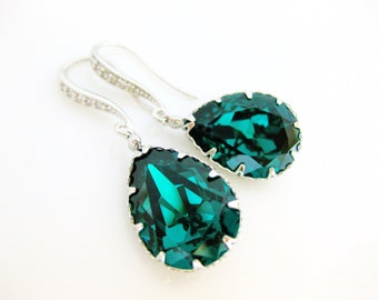 Emerald Crystal Earrings Wedding Green Teardrop Earrings White Gold CZ Deco Hook Earrings Bridesmaid Gift May Birthstone  (E135)