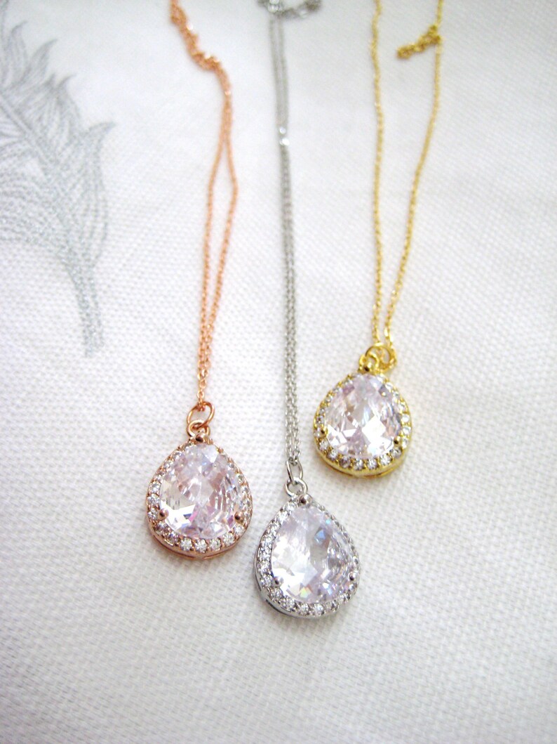 Bridal Crystal Necklace Gold Lux Large Clear Cubic Zirconia Teardrop Necklace Wedding Pendant Jewelry Sparky Necklace Bridesmaid Gift N010