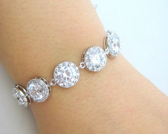 Bridal Crystal Bracelet Wedding Cubic Zirconia Bracelet Round Halo Pave CZ Bracelet Bridesmaid Gift (B005)