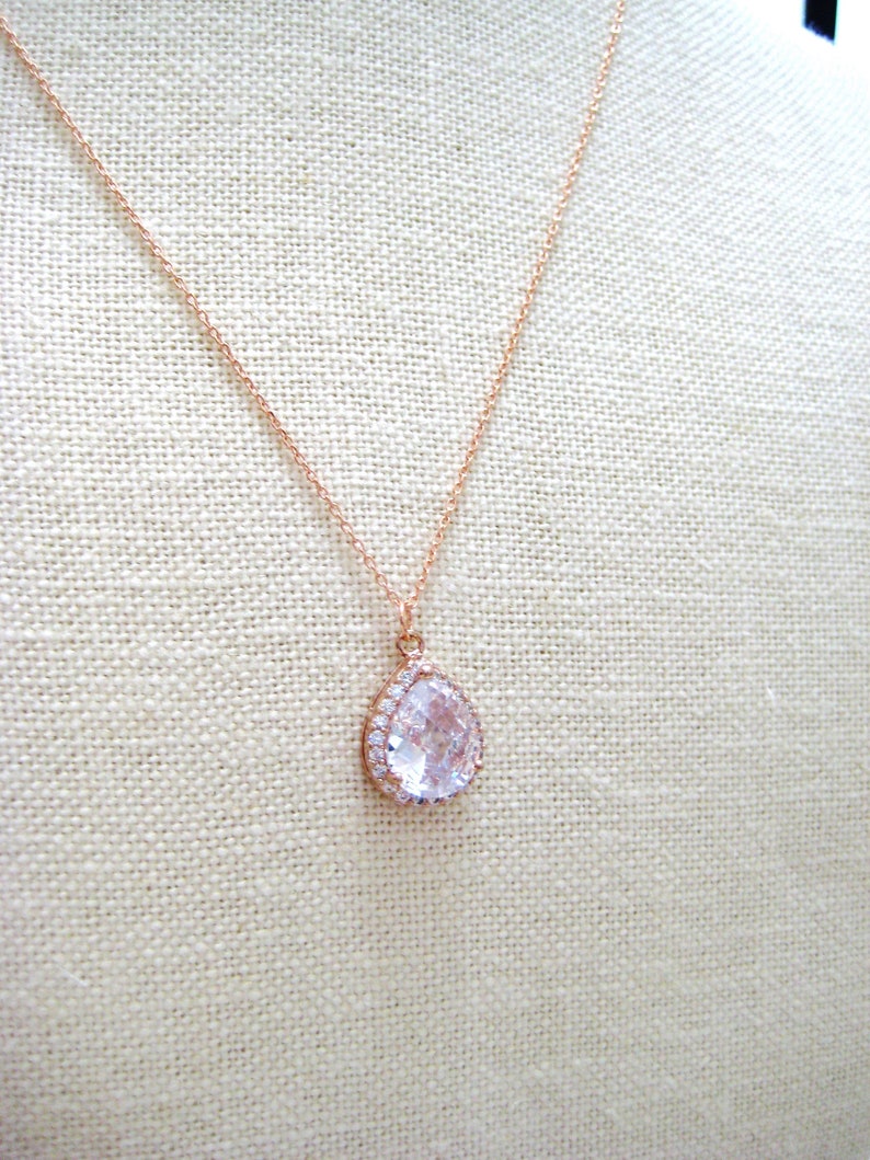 Bridal Crystal Necklace Gold Lux Large Clear Cubic Zirconia Teardrop Necklace Wedding Pendant Jewelry Sparky Necklace Bridesmaid Gift N010