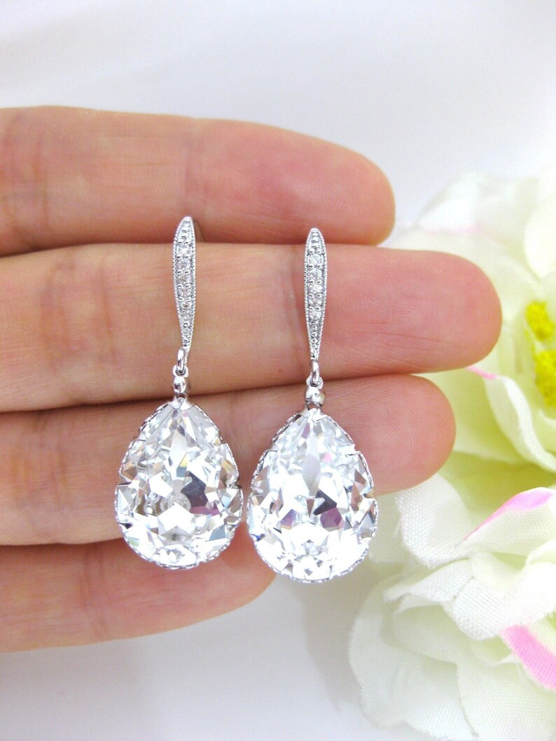 Bridal Crystal Earrings, Austrian Rhinestone Teardrop Earrings, Cubic Zircoia Deco Hook, Bridesmaid Gift, Birthday Gift E063 image 1