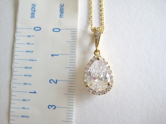 Bridal Crystal Necklace Gold Lux Large Clear Cubic Zirconia Teardrop Necklace Wedding Pendant Jewelry Sparky Necklace Bridesmaid Gift N010
