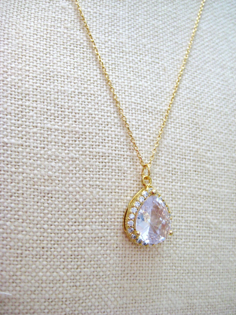 Bridal Crystal Necklace Gold Lux Large Clear Cubic Zirconia Teardrop Necklace Wedding Pendant Jewelry Sparky Necklace Bridesmaid Gift N010