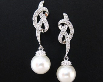 Bridal Pearl Earrings Wedding Ribbon Bow Earrings with 10mm Round Pearl Bridesmaid Gift (E012)