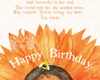 New! Happy Birthday - Sunflower - Watercolor - Modern Stamp Font - Art - Sweet Message - Friendship - Family - Celebration