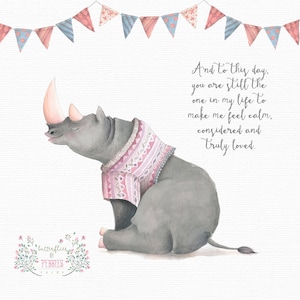 ¡Nuevo! Tarjeta del Día de la Madre - Animales - Rinoceronte - Acuarela - Script Font - Arte - Mensaje Dulce - Madre Amor - Familia