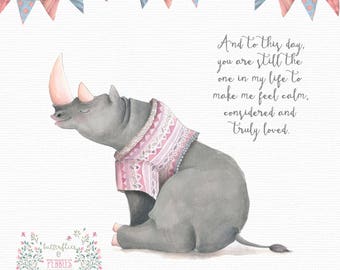 New! Mother's Day Card - Animals - Rhino - Watercolor - Script Font - Art - Sweet Message - Mother Love - Family