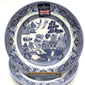 Set of 3 DINNER PLATES Queen's China By Churchill England / Blue Willow Pattern / Blue & White China / Christmas China