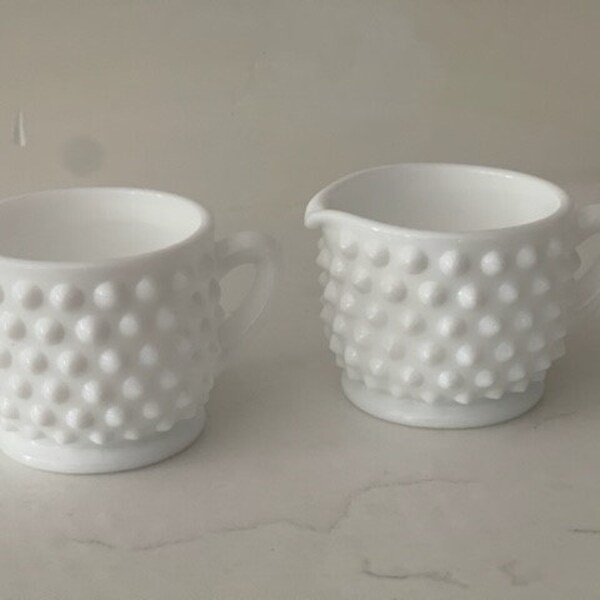 MINI CREAMER / SUGAR Set Vintage Fenton Opalescent Milk Glass Hobnail / White / Demitasse Sugar and Creamer / Vintage /  Fenton / Hobnail