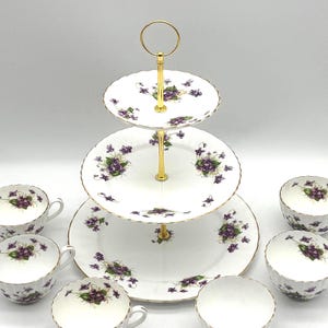 RADFORDS Fluted Violet Custom Curated 3-Tiered Stand and 5 Cup Set with Open Sugar Bowl / Tea Party / Luncheon / Garden Party