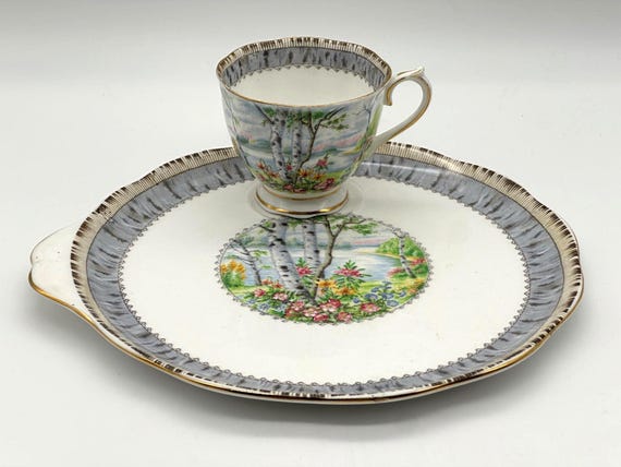 RARE SILVER BIRCH By Royal Albert  Tennis Set With Cup/Matching Plate - Fine Bone China / Tea Party / Bridal Shower / High Tea / Woodlands