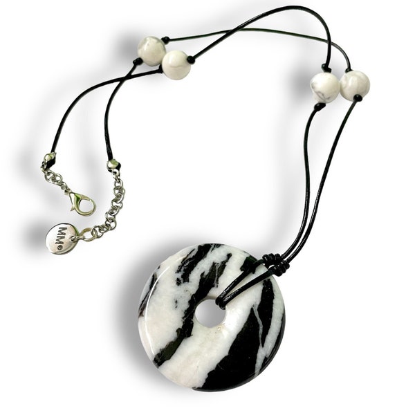 Monochrome Mexican Jasper Donut Pendant and Howlite Faux Leather Cord Necklace