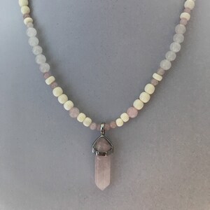 Bone, White Snow Quartz and Hexagon Wand Rose Quartz Pendant Necklace