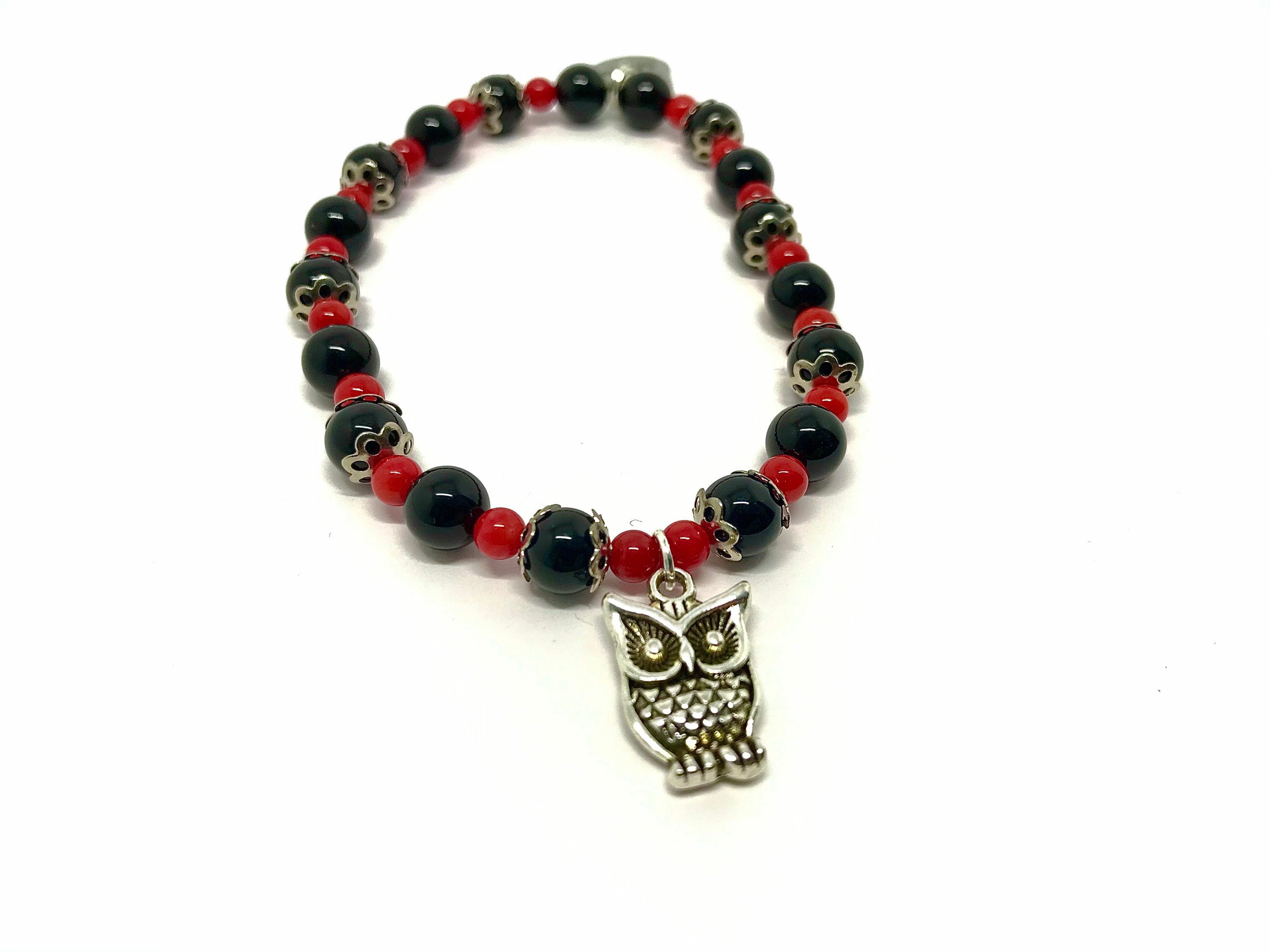 Black Onyx and Red Coral Owl Charm Bracelet