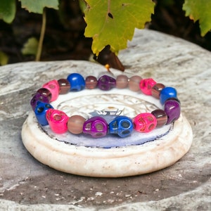 Colourful Howlite Skull Beaded Pink Purple and Blue Stretchy Bracelet