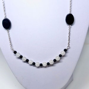 Long White Snow Quartz and Black Onyx Necklace