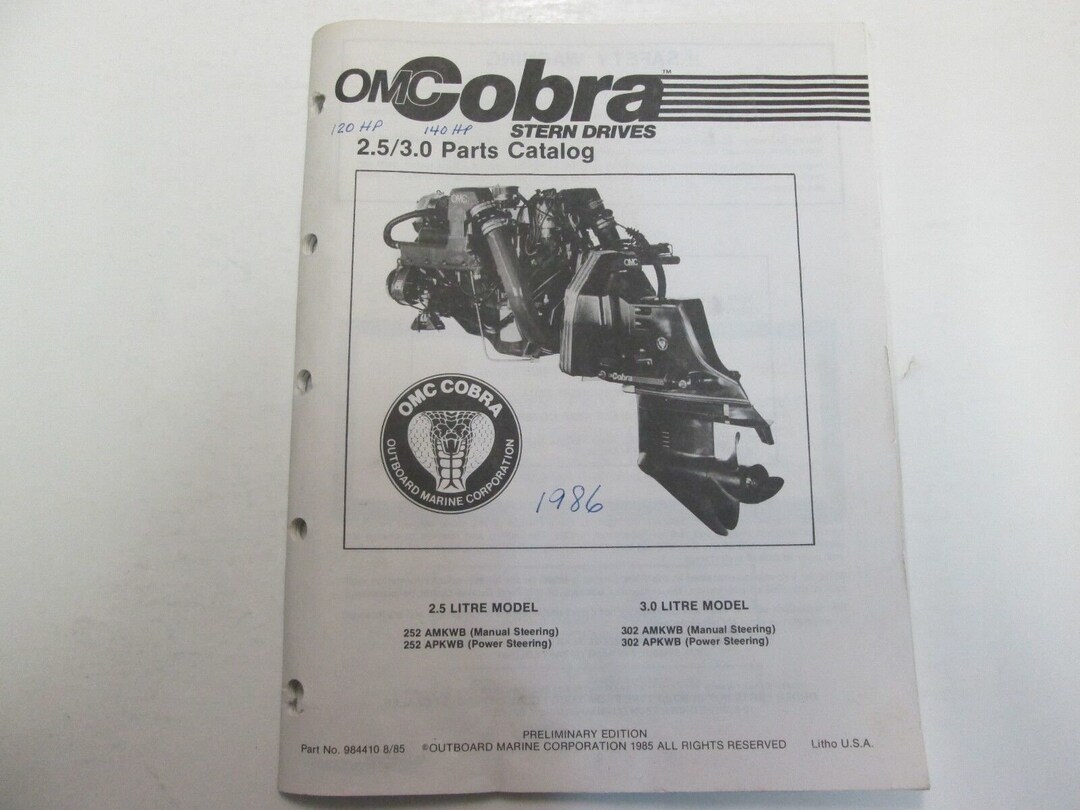 1986 Omc Cobra Stern Drives 2.5 3.0 Parts Catalog Manual Water Damage