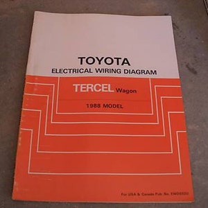 May include: A white and orange Toyota Tercel Wagon electrical wiring diagram manual for the 1988 model year. The cover features the Toyota logo and the text "Electrical Wiring Diagram".