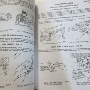May include: A black and white illustrated guide for measuring different parts of a crawler tractor undercarriage. The guide includes illustrations and instructions for measuring track shoe grouser height, link height, track pitch, front idler flange height, top idler rolling diameter, and track roller rolling diameter.