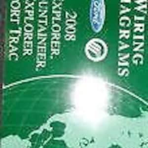 May include: A green book titled "Wiring Diagrams" with the Ford logo. The book's cover includes the text "Explorer, Mountaineer, Explorer Sport Trac" and "2008". A world map is visible in the background.