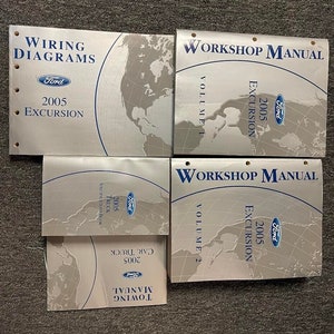 May include: Four gray and white Ford Excursion workshop manuals. The manuals are for the 2005 model year. The manuals include wiring diagrams, towing, and car and truck specifications.