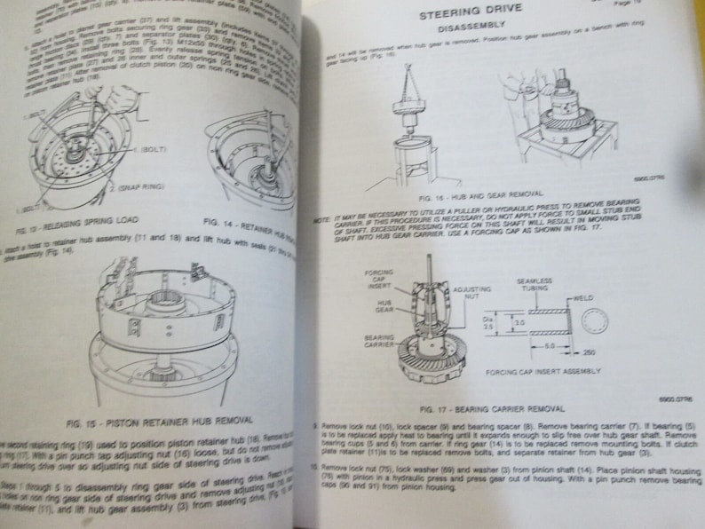 May include: A black and white illustration of a steering drive assembly with detailed instructions for disassembly. The illustration shows the steps for removing the hub and gear, bearing carrier, and piston retainer hub. The text includes the figure numbers and descriptions for each step.