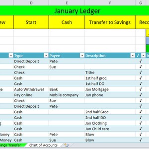 May include: A spreadsheet with a green, yellow, and blue color scheme. The spreadsheet is titled "January Ledger" and includes columns for date, category, account, type, payee, description, initials, deposit, withdrawal, and balance. The spreadsheet shows a starting balance of $100.00, a bank balance of $300.00, and a ledger balance of $100.00.